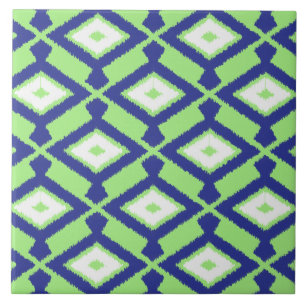 Ikat Pattern - Green, Indigo Blue and White Tile