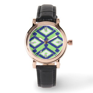 Ikat Pattern - Green, Indigo Blue and White Watch