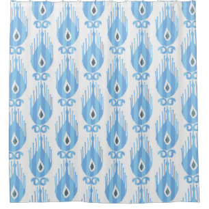 Ikat pattern in blue and white shower curtain