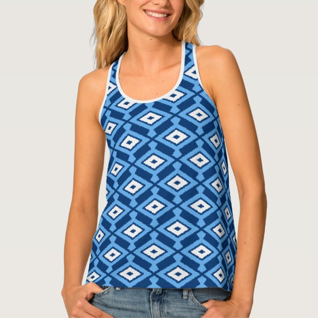 Ikat Pattern, Indigo and Denim Blue Tank Top (Front)