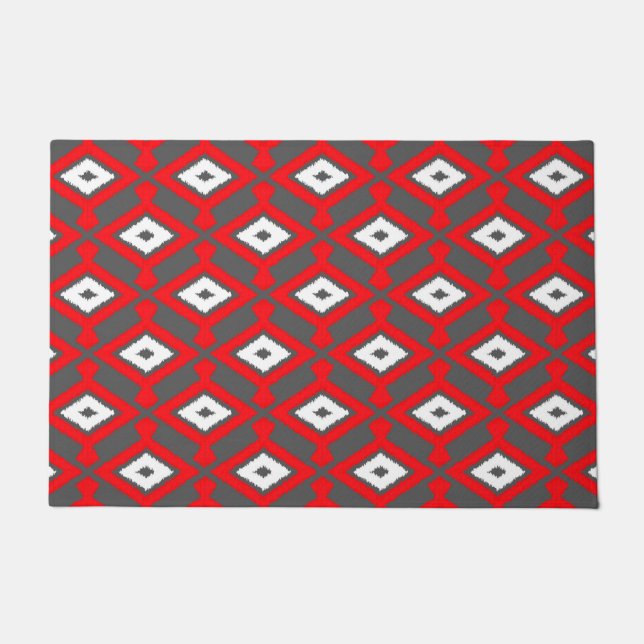 Ikat Pattern, Red, Charcoal Gray and White  Doormat (Front)