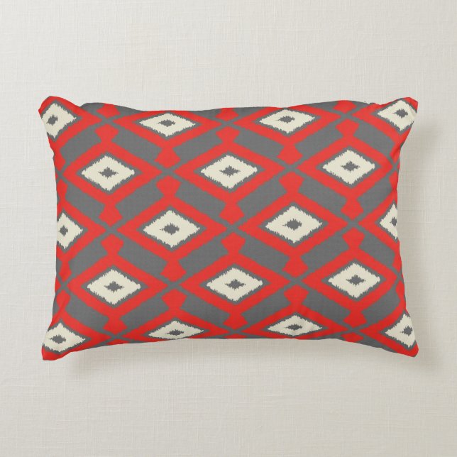 Ikat Pattern - Red, Grey and Beige Accent Pillow (Front)