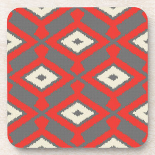 Ikat Pattern - Red, Grey and Beige Beverage Coaster