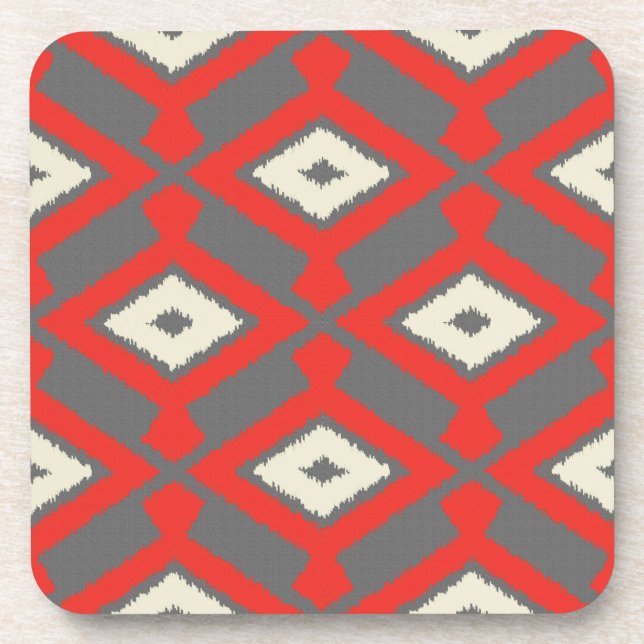 Ikat Pattern - Red, Grey and Beige Beverage Coaster (Front)