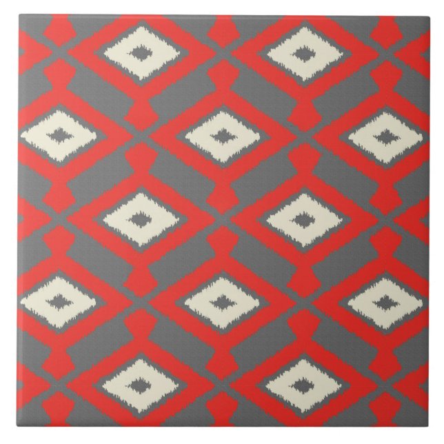 Ikat Pattern - Red, Grey and Beige Ceramic Tile (Front)