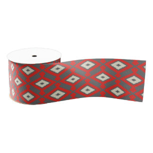 Ikat Pattern - Red, Grey and Beige Grosgrain Ribbon