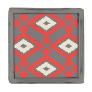 Ikat Pattern - Red, Grey and Beige Gunmetal Finish Lapel Pin