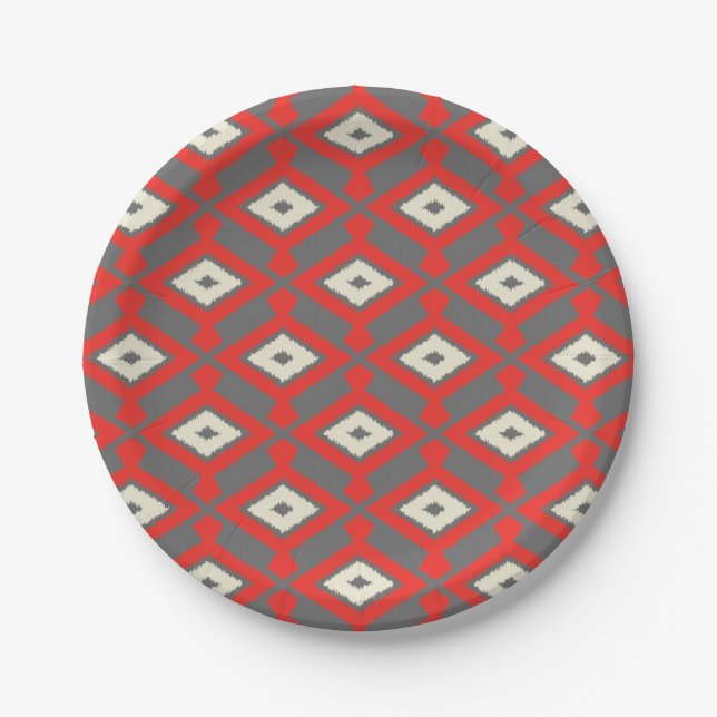 Ikat Pattern - Red, Grey and Beige Paper Plates (Front)