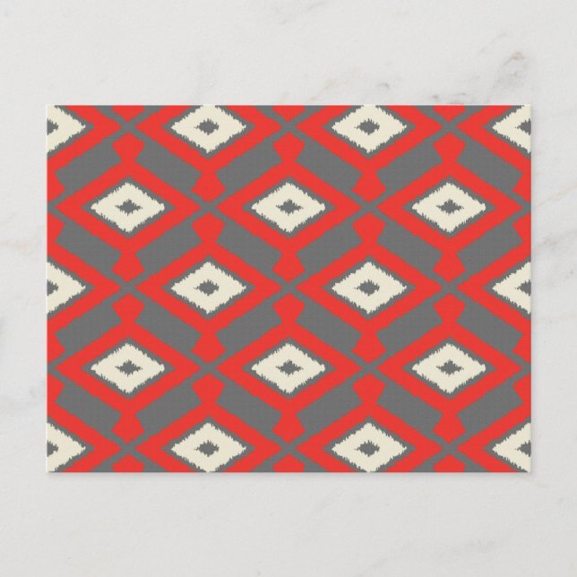 Ikat Pattern - Red, Grey and Beige Postcard (Front)