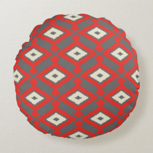 Ikat Pattern - Red, Grey and Beige Round Pillow