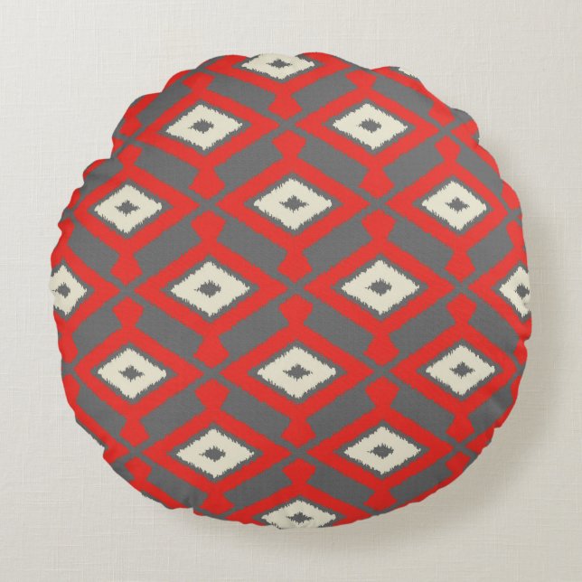Ikat Pattern - Red, Grey and Beige Round Pillow (Front)