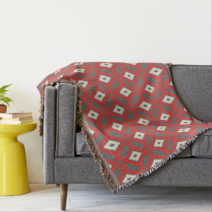 Ikat Pattern - Red, Grey and Beige Throw Blanket