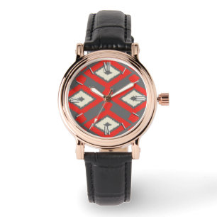 Ikat Pattern - Red, Grey and Beige Watch