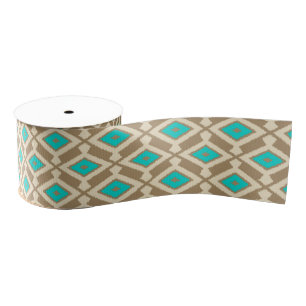 Ikat Pattern - Turquoise, Taupe and Beige Grosgrain Ribbon