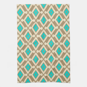 Ikat Pattern - Turquoise, Taupe and Beige Kitchen Towel