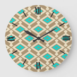 Ikat Pattern - Turquoise, Taupe and Beige Large Clock