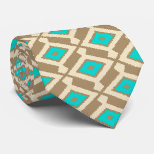 Ikat Pattern - Turquoise, Taupe and Beige Neck Tie