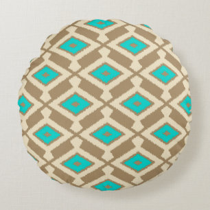 Ikat Pattern - Turquoise, Taupe and Beige Round Pillow