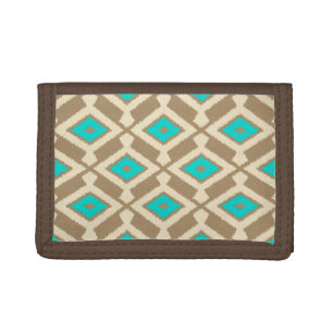 Ikat Pattern - Turquoise, Taupe and Beige Tri-fold Wallet