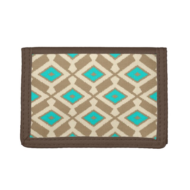 Ikat Pattern - Turquoise, Taupe and Beige Trifold Wallet (Front)