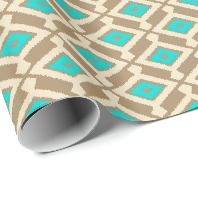Ikat Pattern - Turquoise, Taupe and Beige Wrapping Paper (Roll Corner)