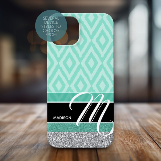 Ikat Pattern with Monogram - teal green black Case-Mate iPhone Case (Personalized Phone Case with Monogram)