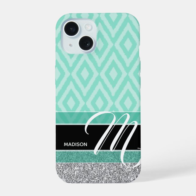 Ikat Pattern with Monogram - teal green black Iphone Case (Back)