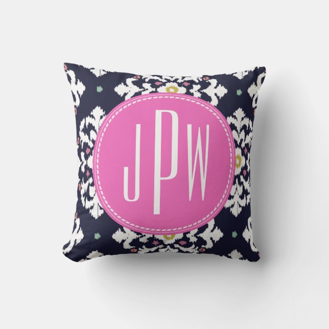 Ikat & Pink Monogram Throw Pillow (Front)