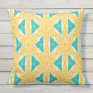 Ikat Print Yellow and Teal Outdoor Pillow
