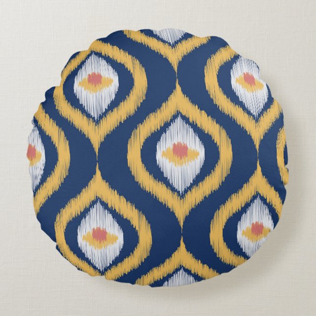 Ikat Series Ogee Blue Geometric Round Pillow (Front)