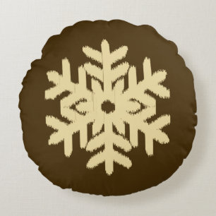 Ikat Snowflake - Beige and Chocolate Brown Round Pillow