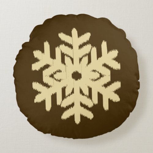 Ikat Snowflake _ Beige and Chocolate Brown Round Pillow