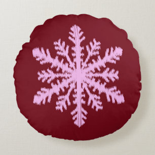 Ikat Snowflake - Burgundy Wine and Pink Round Pillow