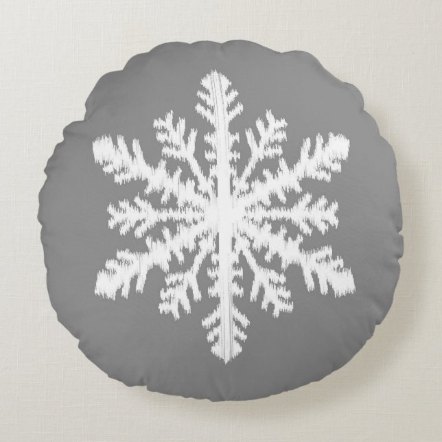 Ikat Snowflake - Charcoal Grey and White Round Pillow (Front)