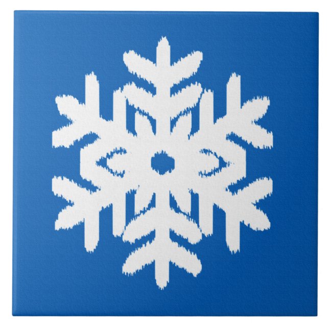 Ikat Snowflake - Cobalt blue and white Ceramic Tile (Front)