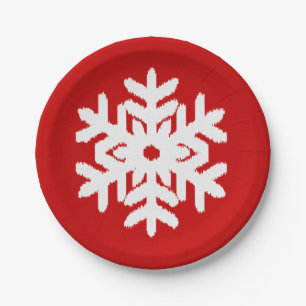 Ikat Snowflake - Dark red and white Paper Plates