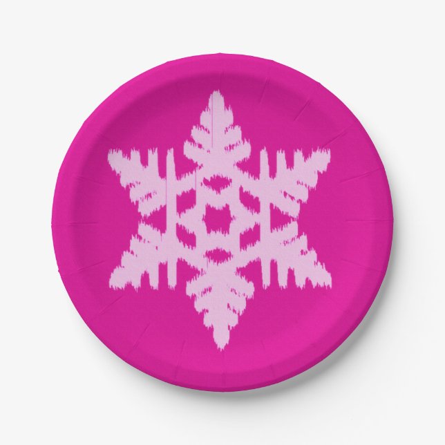 Ikat Snowflake - Fuchsia and ice pink Paper Plates (Front)