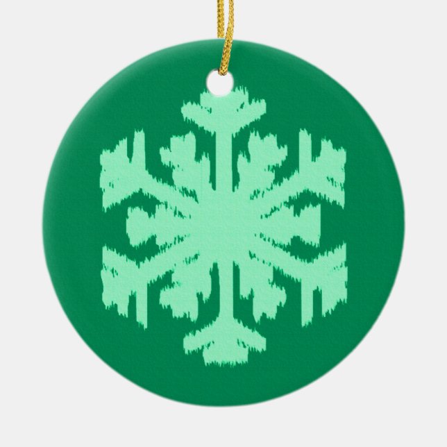 Ikat Snowflake - Pine and mint green Ceramic Ornament (Front)