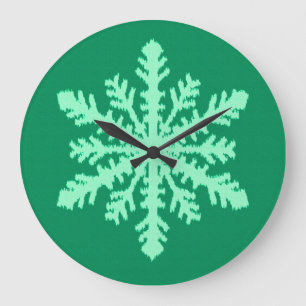Ikat Snowflake - Pine and mint green Large Clock