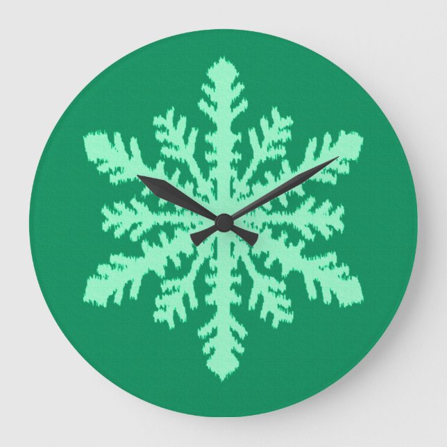 Ikat Snowflake - Pine and mint green Large Clock (Front)