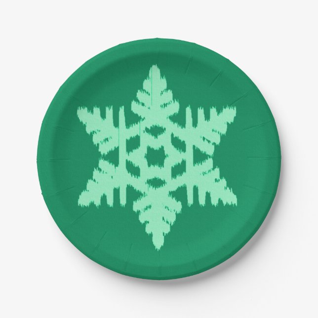 Ikat Snowflake - Pine and mint green Paper Plates (Front)