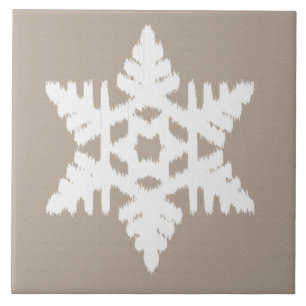 Ikat Snowflake - Taupe tan and white Ceramic Tile
