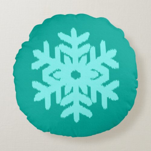 Ikat Snowflake _  Turquoise and aqua Round Pillow