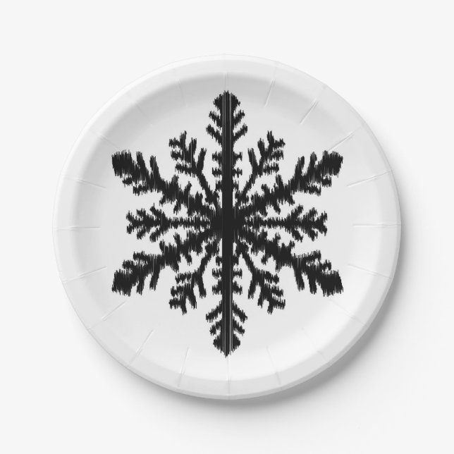 Ikat Snowflake - White and black Paper Plates (Front)