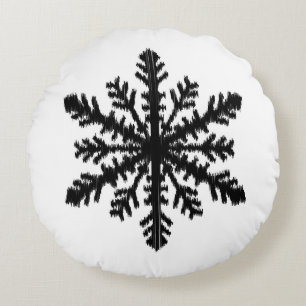 Ikat Snowflake - White and black Round Pillow