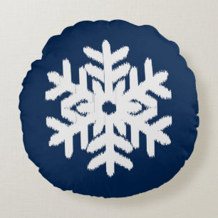 Ikat Snowflake - White and Dark Navy Blue Round Pillow