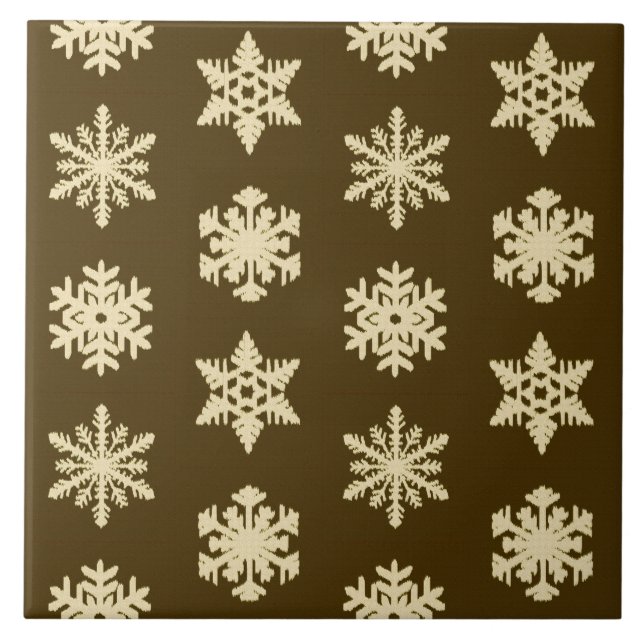 Ikat Snowflakes - Beige and Chocolate Brown Ceramic Tile (Front)