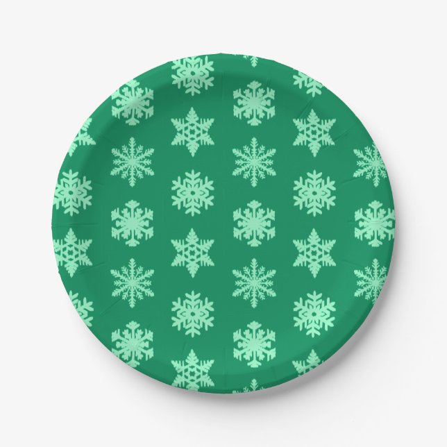 Ikat Snowflakes - Pine and mint green Paper Plates (Front)