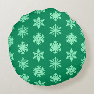 Ikat Snowflakes - Pine and mint green Round Pillow
