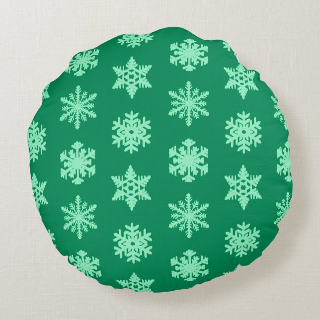 Ikat Snowflakes - Pine and mint green Round Pillow (Back)